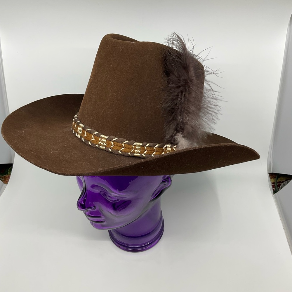 Vintage Lanning Dynafelt Cowboy Hat Feathered Band Made in Canada Western Brown